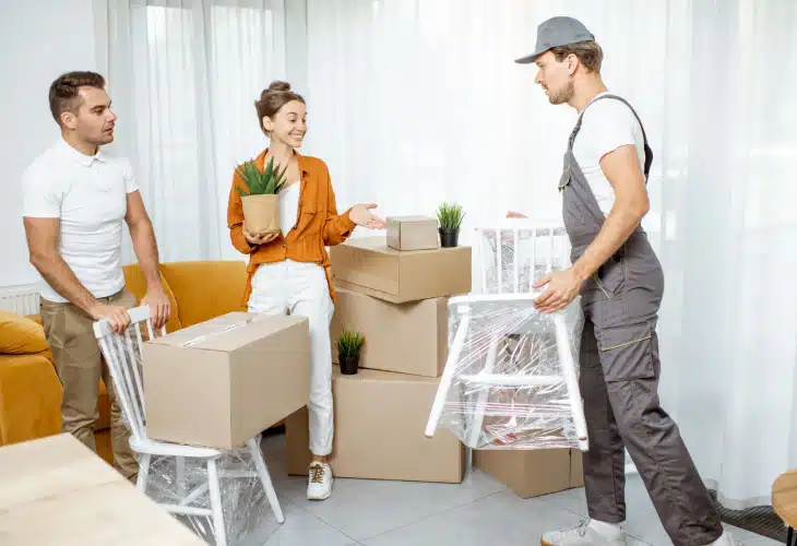 Mover and a couple putting things in a room